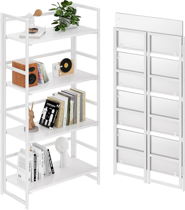 Vintage Multifunctional Folding Bookshelf, No-Assembly Plant Stand Storage Rack Shelves for Home Office (All White, 4-Tier)
