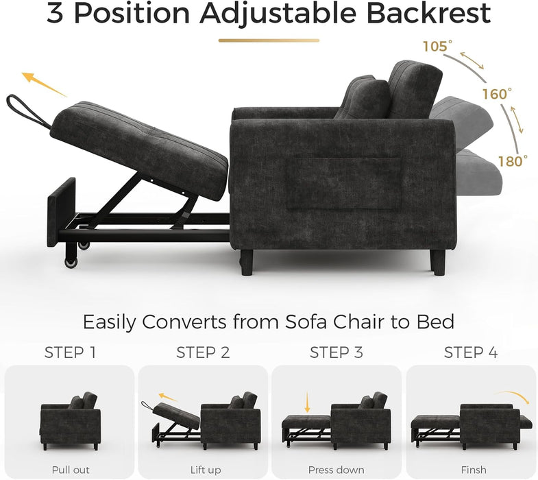 Black Upholstered Sleeper Chair Pull Out Bed For Small Rooms