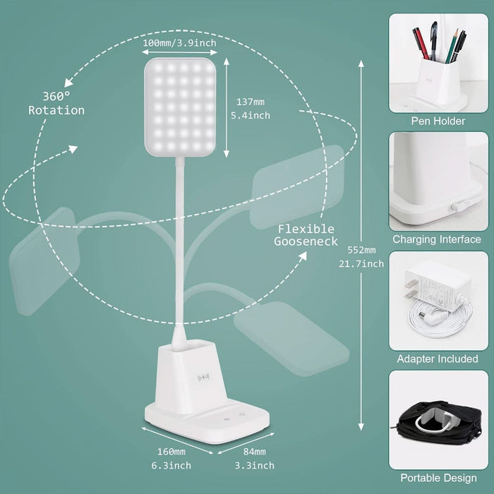 Upgraded LED Desk Lamp with Wireless Charger, White Small Desk Light with Pen Holder, 3 Color Modes, CRI 85, 800 Lumen, Study Lamps for College Dorm Room, Home Office, Adapter Included