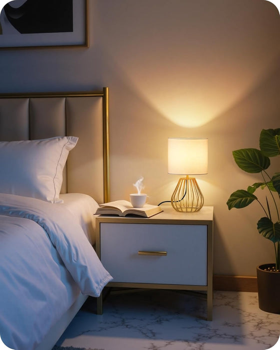 Gold Table Lamp, Small Gold Bedside Lamp with Metal Base & White Linen Lampshade, Modern Nightstand Lamp, Little Cute Desk Lamp for Bedroom, Living Room, 2700K LED Bulb Included, DCW06TL05