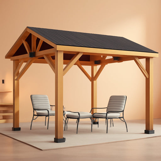 13X15 Ft Spruce Wood Gazebo, Outdoor Gazebo with Bar Storage, Hardtop Wooden Paviloin with Metal Steel Gable Roof, Patio, Garage, Black + Natural Wood