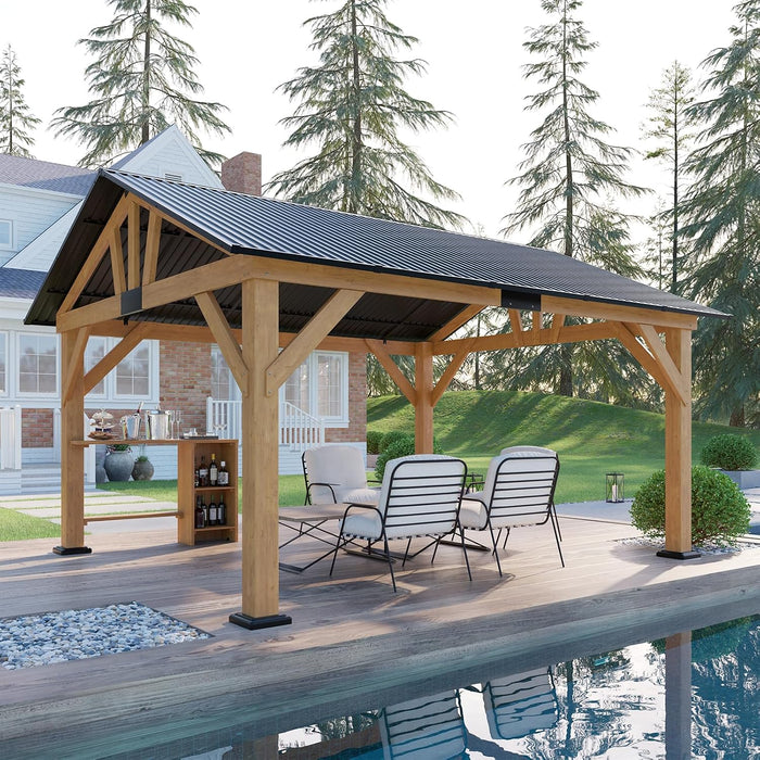 13X15 Ft Spruce Wood Gazebo, Outdoor Gazebo with Bar Storage, Hardtop Wooden Paviloin with Metal Steel Gable Roof, Patio, Garage, Black + Natural Wood