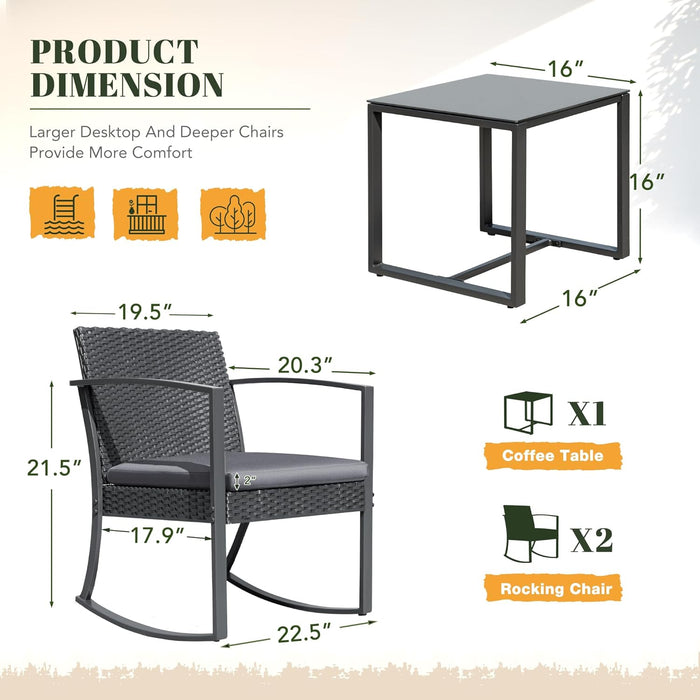 PP Patio Furniture Set 3 Piece All Weather Outdoor Rocking Chairs with Cushions and Coffee Table for Bistro Balcony Porch (Gray)
