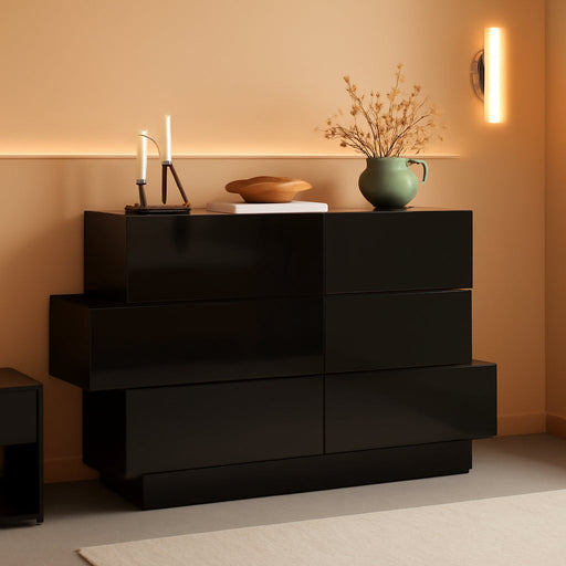 Balck Drawer Dresser for Bedroom, Modern High Gloss Dresser with 6 Drawers, Double Dresser Storage Chest of Drawer with Asymmetrical Design for Bedroom, Living Room, Entryway