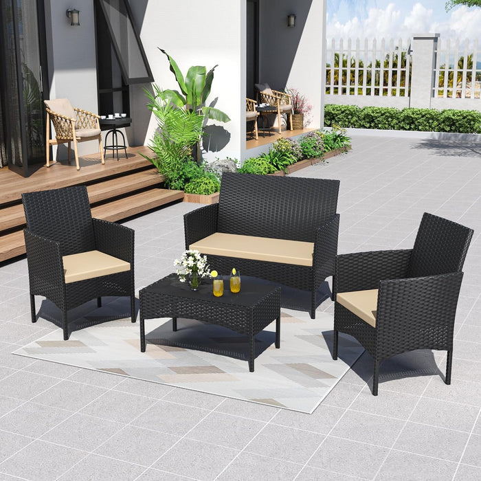 4 Pieces Patio Conversation Set Outdoor Rattan Patio Furniture Set Wicker Chairs with Soft Cushion and Glass Table for Patio, Backyard, Porch, Poolside(Sand)