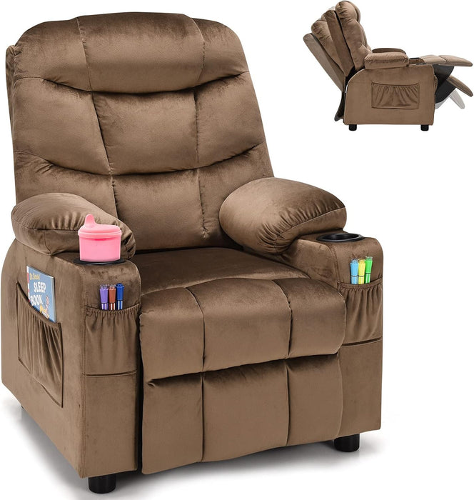 Kids Recliner Chair with Cup Holder, Adjustable Velvet Lounge Chair W/Footrest & Side Pockets for Children Boys Girls Room, Ergonomic Toddler Furniture Sofa, Kids Recliner (Brown)