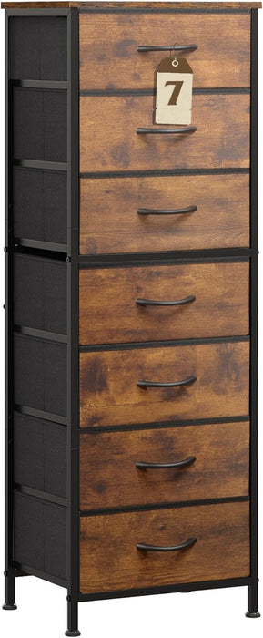 Tall Dresser for Bedroom, 7 Drawer Dressers & Chests of Drawers, Fabric Dresser for Closet, Night Stand with Metal Frame, Storage Tower with Fabric Bins, Wood Top, Rustic Brown Wood Grain Print