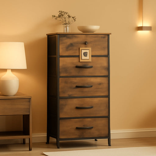 Tall Dresser for Bedroom, 7 Drawer Dressers & Chests of Drawers, Fabric Dresser for Closet, Night Stand with Metal Frame, Storage Tower with Fabric Bins, Wood Top, Rustic Brown Wood Grain Print