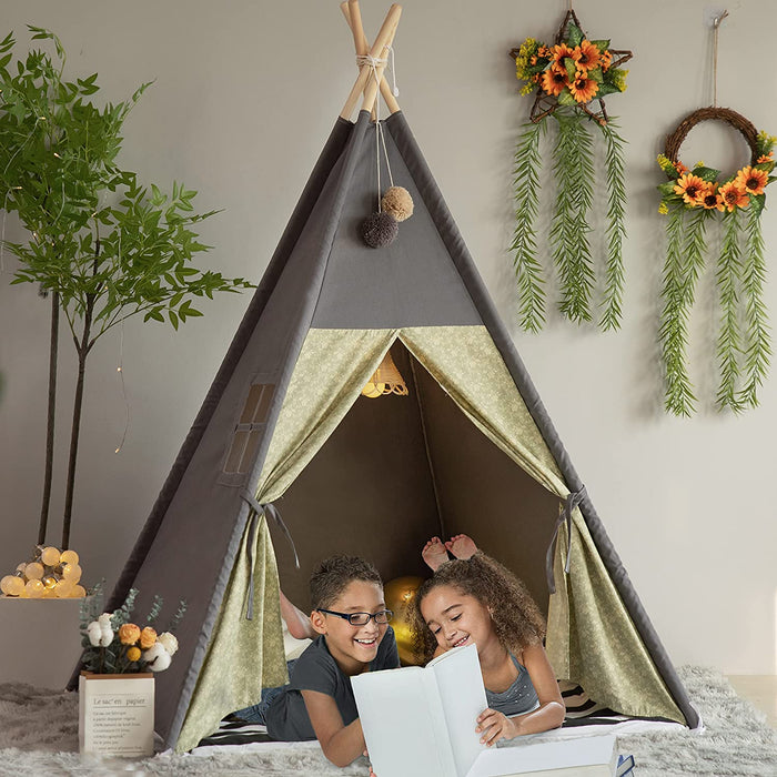 Teepee Tent for Kids Stripe Padded Mat Foldable Dark Tone Grey Play Tents for Girl and Boy with Carry Case Wooden Pole Printing Canvas Tepee Playhouse for Child Indoor Outdoor