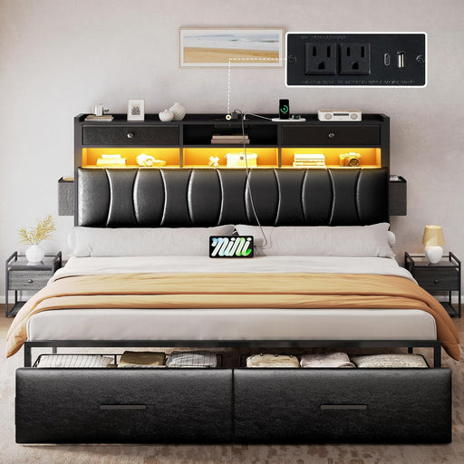 King Size with 2 Storage Drawers and Charging Station, Upholstered Bed with Storage Headboard and LED Light, Heavy Duty Metal Frame Support, No Box Spring Needed, Noise Free, PU Leather Black
