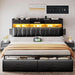 King Size with 2 Storage Drawers and Charging Station, Upholstered Bed with Storage Headboard and LED Light, Heavy Duty Metal Frame Support, No Box Spring Needed, Noise Free, PU Leather Black