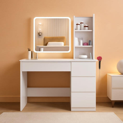 Make up Vanity Desk with Charging Station, Vanity Set with Mirror and Stool and Lights,Dressing Table with 4 Drawers & Storage Shelves,37Inch, White