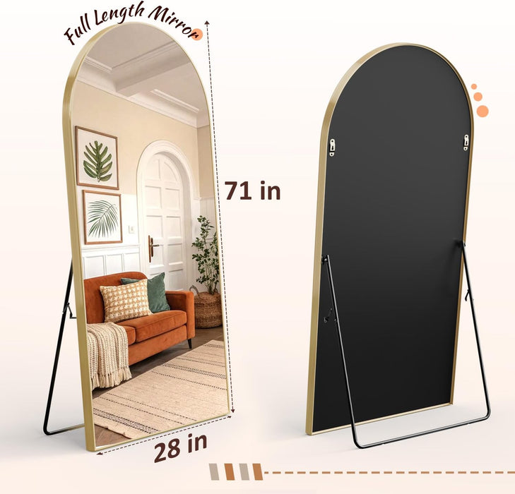 71" X 28" Arched Full Body Mirror,Standing or Leaning Tempered Glass Shatterproof Full Length Mirror with Stand for Bedroom Living Room Entryway,Gold