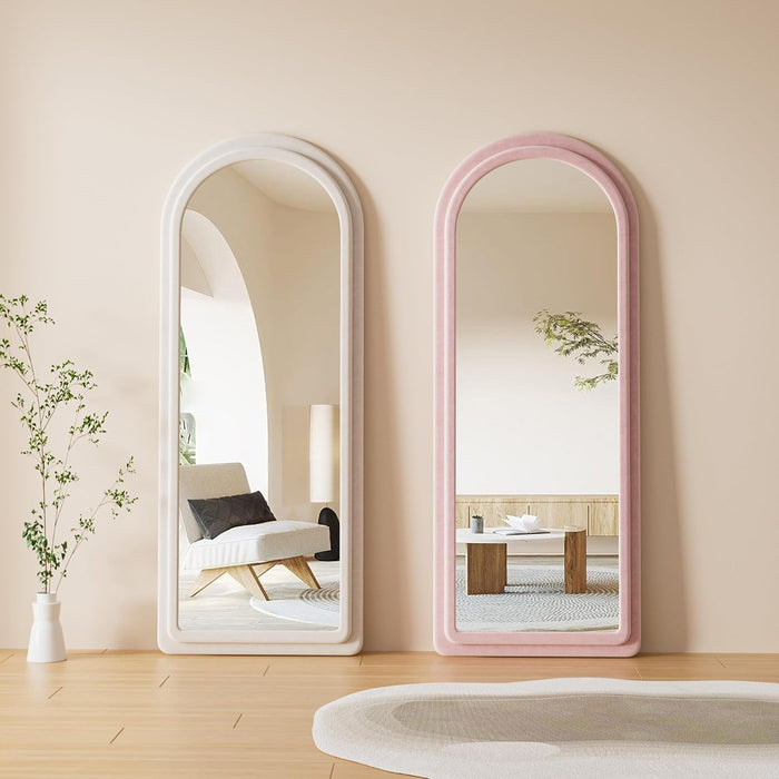 Floor Mirror, Full Length Mirror with Stand, 63"X24" Freestanding Arched Mirror Full Length Hanging or Leaning, Wall Mounted Mirrors with Flannel Frame, Large Mirrors for Bedroom (White)