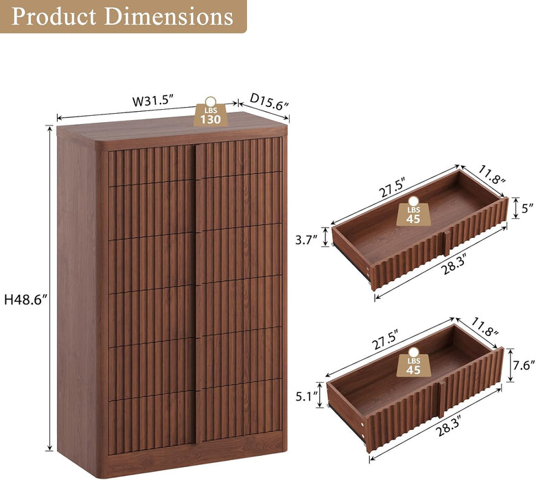 Fluted Dresser for Bedroom, 48" Tall 6 Drawer Dressers, Modern Chest of Drawers with Solid Wood Handle, Curved Profile Design, Wood Dresser Storage Organizer, Living Room, Hallway, Walnut