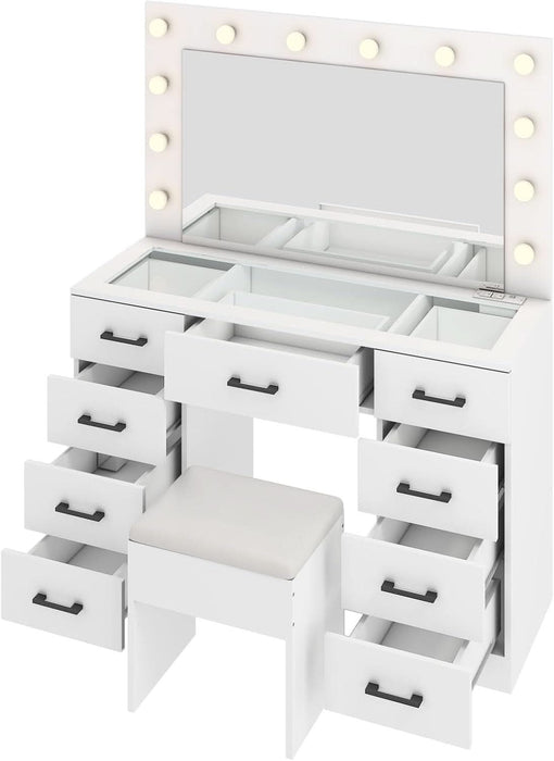 Vanity Desk with Large Lighted Mirror & Powre Outlet, Glass Tabletop Makeup Vanity Set with 9 Drawers, 45.3" Vanity Table with 3 Color Lighting Modes, Dressing Table for Women Girls, White