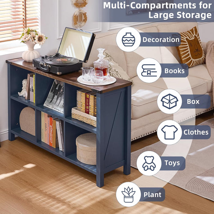 6 Cube Bookcase, Farmhouse Wood Low Storage Organizer Book Shelf, 47" Horizontal Navy Blue Console Bookshelf with Legs, Hallway Book Case for Entryway, Display Cabinet for Living Room, Office