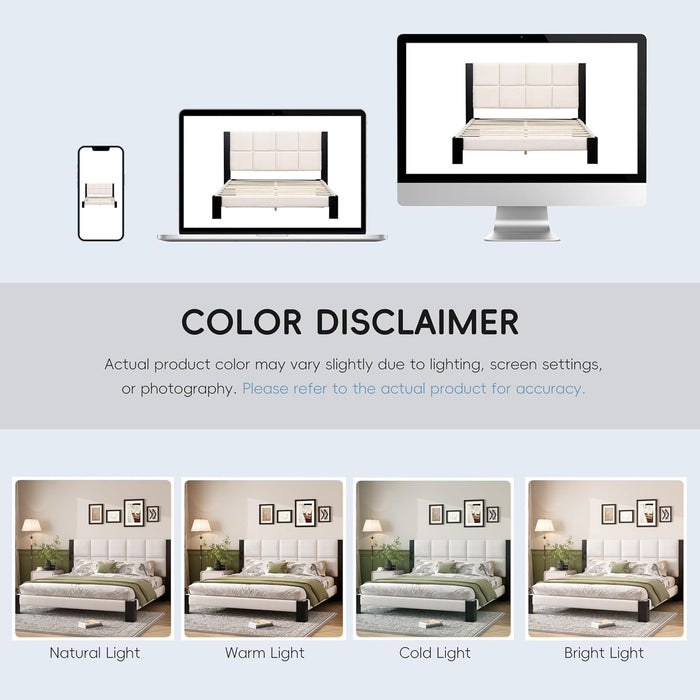 King Size Boucle Bed Frame with Square-Stitched Upholstered Headboard, Solid Wood Platform with Wood Slats, No Box Spring Needed, Beige and Black, Easy Assembly