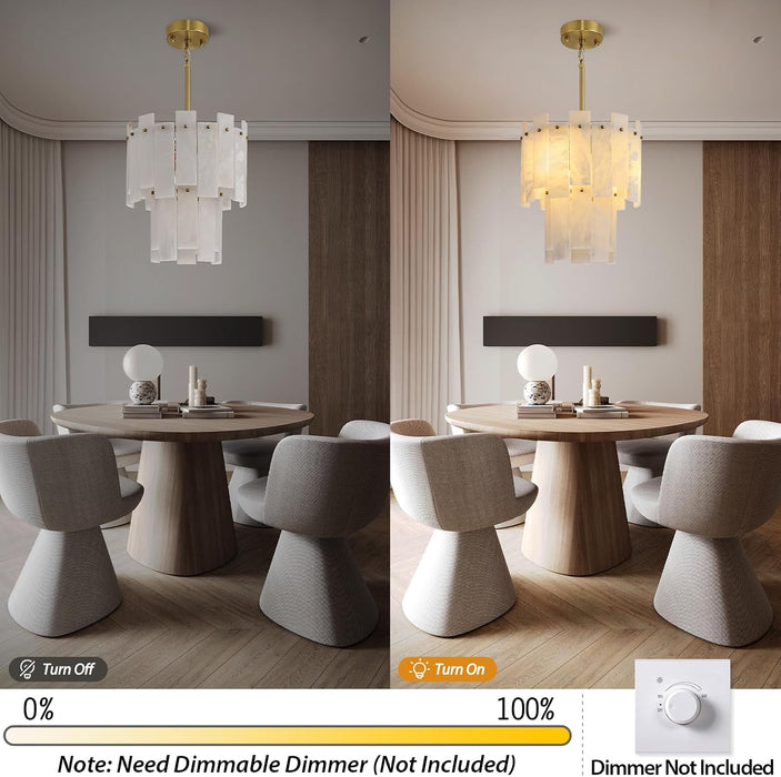 Alabaster round Chandelier, 2-Tier Spanish Alabaster Chandeliers, Warm White, 13" Modern Small Gold Marble Pendant Chandeliers for Foyer, Kitchen Island, Dining Room, Bedroom