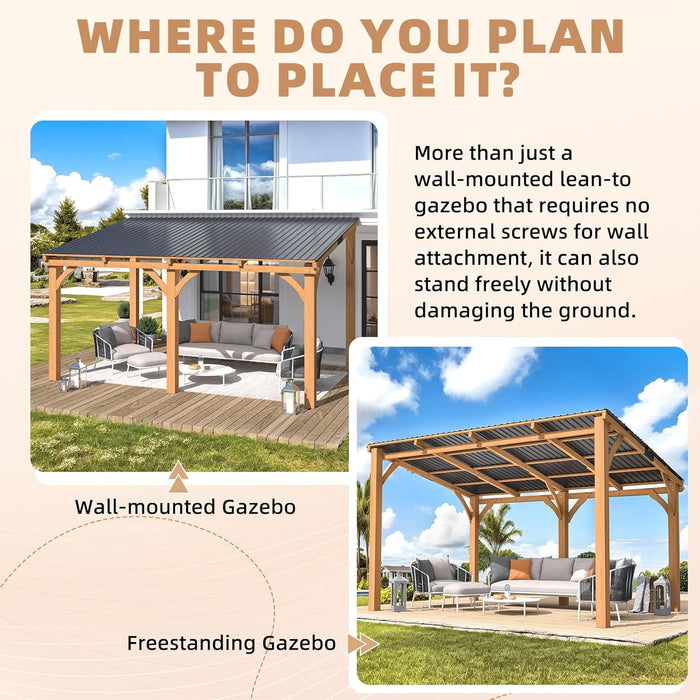 14' X 10' Outdoor Wood Ceder Gazebo for Patio, 10X14 Outdoor Lean to Hardtop Pergolas and Gazebos Clearance, Wall Mounted Wooden Gazebo Heavy Duty Metal Awnings for Patio, Decks, Backyard