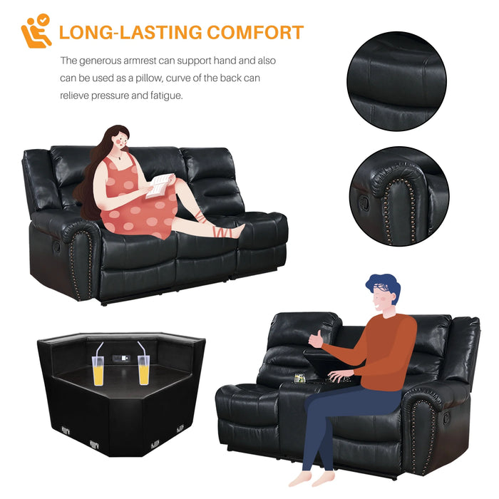 PU Leather Sectional Sofa Set, Reclining Couch for Living Room with Cup Holders, Love Seat with Wedge Wood Table, 5 Seater Theater Seating with Storage, Jet Black