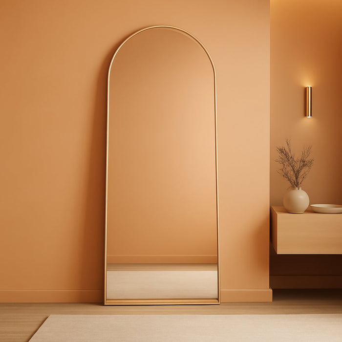 64"X21" Arched Full Length Mirror, Leaning or Standing Full Body Mirror with Aluminum Alloy Thin Frame, Suitable for Bedroom or Cloakroom,Gold