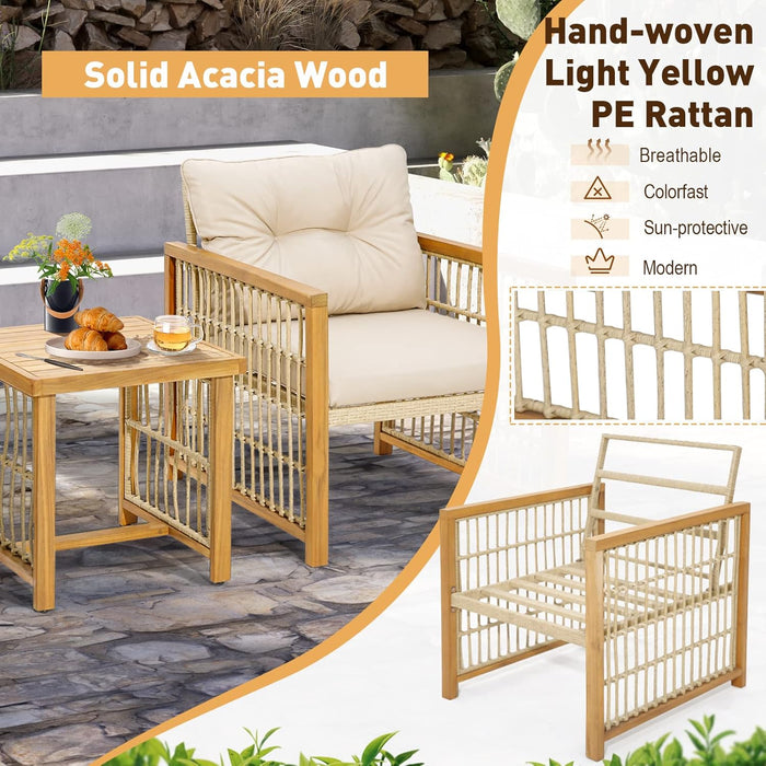 3 Pieces Acacia Wood Patio Furniture Set, PE Wicker Bistro Set with Cushioned Chairs and Coffee Table, Outdoor Conversation Set for Porch, Deck, Balcony, Backyard (Beige)