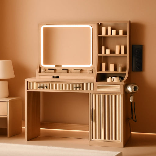 Fluted Makeup Vanity Desk with Large 27" Mirror and Lights, Modern Big Makeup Table with Power Outlet, 11 Shelves & 2 Drawers, 3 Color Lighting Modes, Dressing Table Vanity Set for Bedroom, Oak