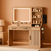 Fluted Makeup Vanity Desk with Large 27" Mirror and Lights, Modern Big Makeup Table with Power Outlet, 11 Shelves & 2 Drawers, 3 Color Lighting Modes, Dressing Table Vanity Set for Bedroom, Oak