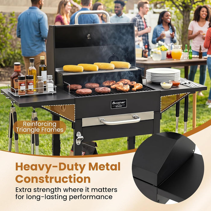 Charcoal Grill with 2 Side Tables, 284 Sq.In. Outdoor Smoker BBQ Grill with Thermometer, Bottle Opener & Wheels, Mobile Cooking Grill for Camping Picnic Party, Black