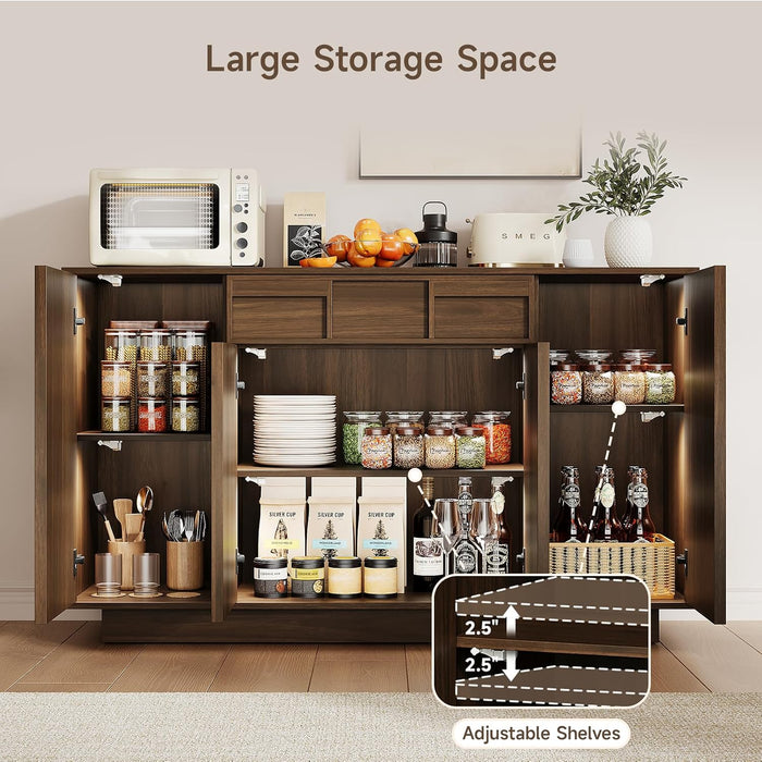 Buffet Cabinet with Storage Drawer & Built-In Lights, 55" Wood Sideboard | Credenza Storage Cabinet with 4 Doors, Coffee Bar for Kitchen, Living Room, Mid Century Modern Style, Skeleton Lines, Walnut