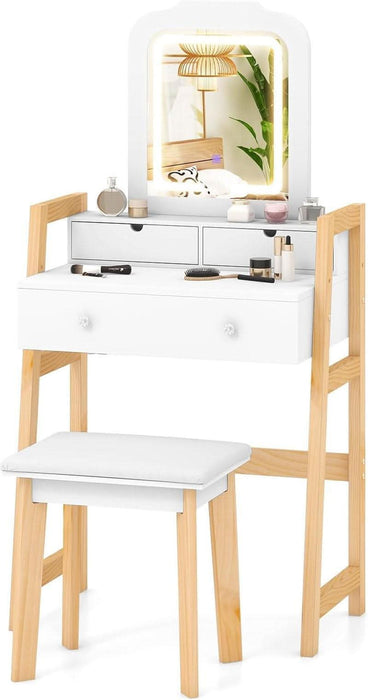 Small Vanity Desk with Mirror and Lights, White Makeup Vanity Desk with 3 Drawers, Adjustable Heights, 3 Color Lighting Modes, Compact Bedroom Dressing Table with Stool for Small Space