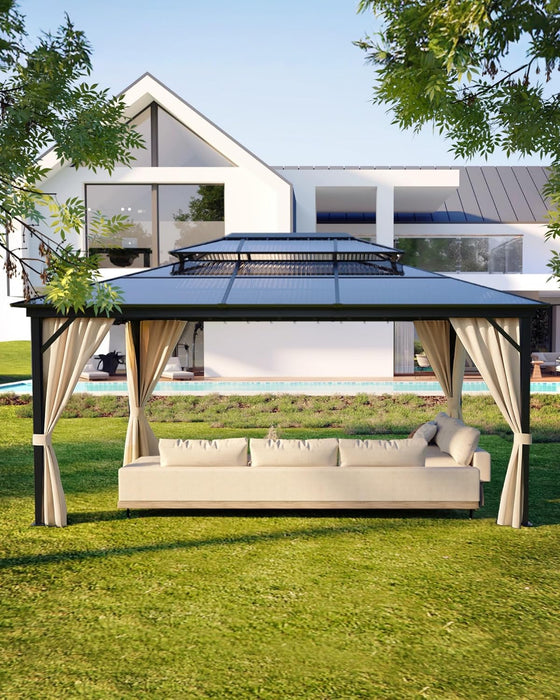 Hard Top Gazebo 12 Ft X16 Ft for All Weather, Double Polycarbonate Sheets Roof, Aluminum Alloy Frame, Net, and Curtain, Permanent Building for Patio, Deck, Backyard, Lawn, and Garden
