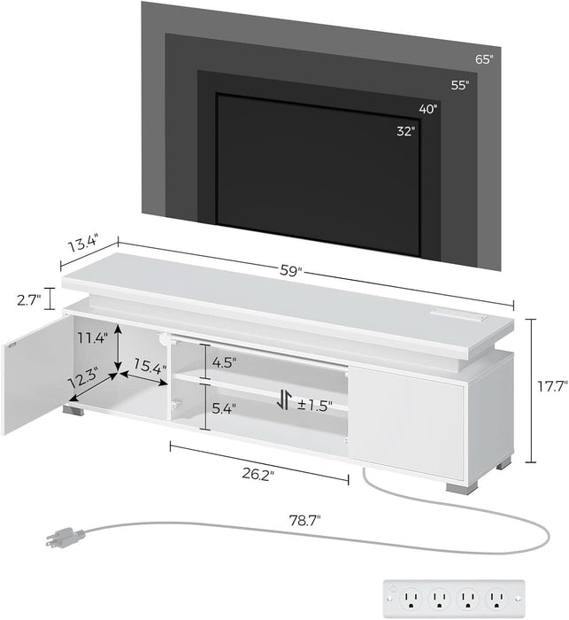 TV Stand with LED Lights & Power Outlet, Modern Entertainment Center for 32/43/50/55/65 Inchs Tvs, Table, Universal Gaming Media Stand Storage Cabinet and Large Storage, White