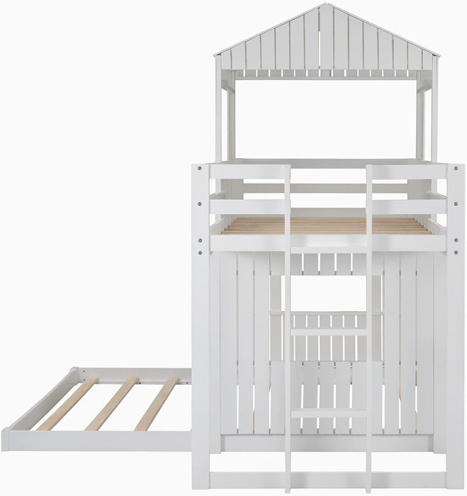 House Bunk Beds, Twin over Full Bunk Bed Wood Playhouse Bunkbed Low Bed Frame for Kids Toddlers Girls/Boys, White