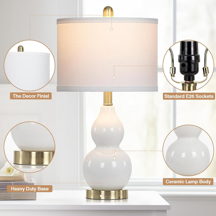 Double Gourd Ceramic Table Lamps Set of 2, Modern White Bedside Lamps for Night Stand, Contemporary Nightstand Lamps for Bedroom Living Room (Bulb Included)