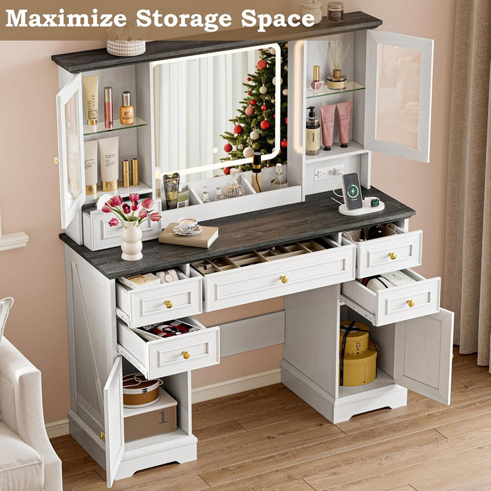Vanity Desk with Lights, Large LED Mirror with 3 Color Modes, Makeup Vanity with Power Outlet & USB Ports, 6 Drawers & 2 RGB Glass Cabinets, Farmhouse Dressing Table for Women & Girls (White)