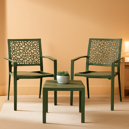 3-Piece Outdoor Bistro Set, Stackable Modern Steel Furniture for Porch, Garden W/ 2 Chairs, Table, Geometric Decor - Sage Green