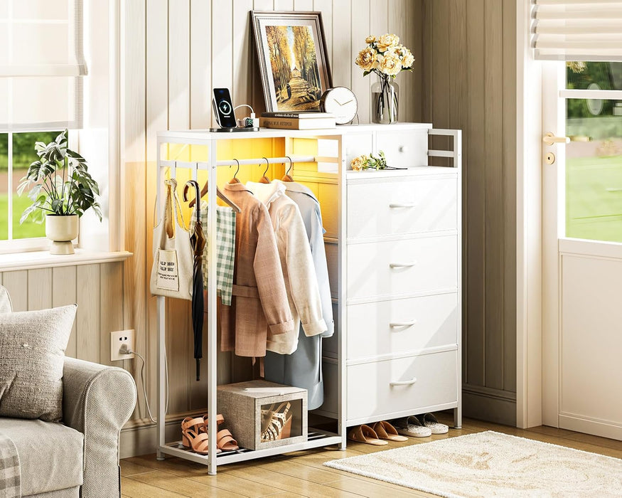 43" W White Dresser for Bedroom with Hanging Rack, Reversible 6 Drawers Dresser with Led Lights & Charging Station, Fabric Closet Dressers & Chest of Drawers with Clothes Rack for Girls, Kids