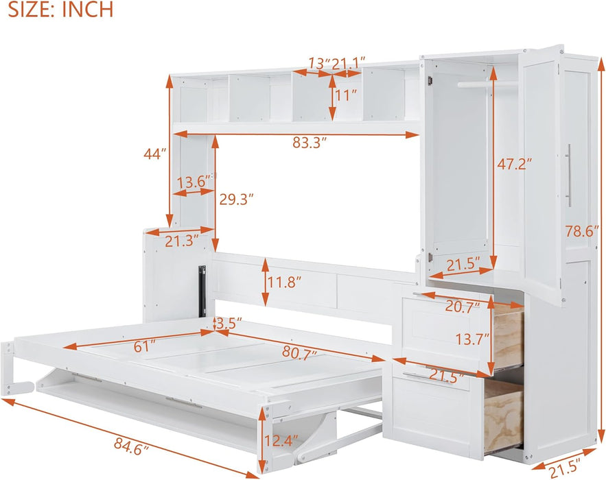 Queen Size Murphy Bed Wall Chest with Closet and Storage Drawers,Wood Hideaway Platform Bedframe Can Be Folded,Easy Assembly,For Kids Bedroom,Student Dorms,White