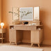 Fluted Makeup Vanity Desk with 3 Way Mirror and Lights, 48" Large Corner Vanity Table with Glass Top, Charging Station, 3 Drawers, Storage Cabinets & Shelves, for Bedroom, Natural Oak