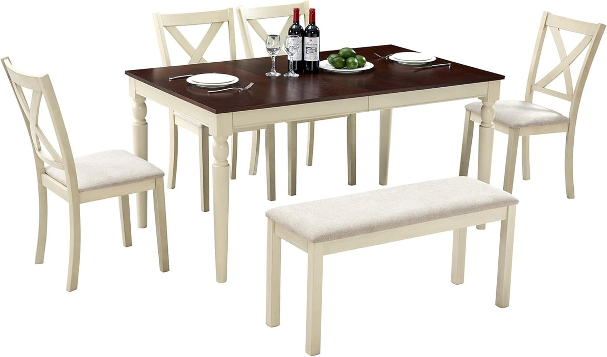 6-Piece Farmhouse Dining Table Set, 60” Solid Wood Table, 4 Upholstered Chairs and Bench, Rustic White and Walnut Finish, Seating for 6, for Kitchen or Dining Room