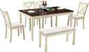6-Piece Farmhouse Dining Table Set, 60” Solid Wood Table, 4 Upholstered Chairs and Bench, Rustic White and Walnut Finish, Seating for 6, for Kitchen or Dining Room