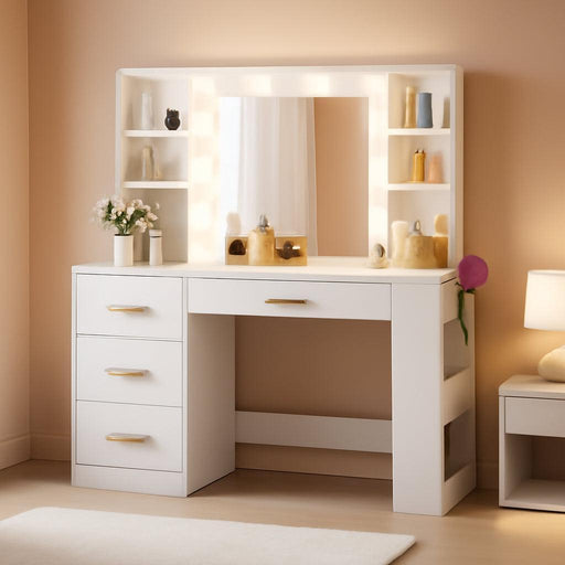 Vanity Desk with 22" Mirror, LED Lights and Power Outlet, Makeup Table with 4 Drawers, Adjustable 3 Lighting Colors, Vanity Table with Open Storage Shelves for Bedroom Dressing Room, White