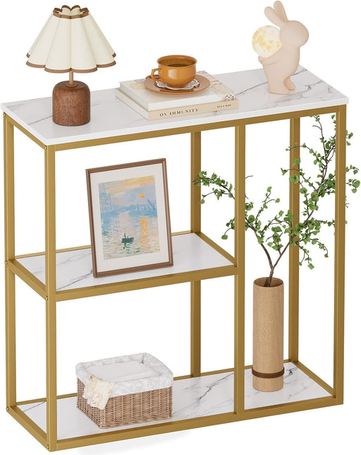 31.5" Narrow Console Table with 3-Tier Storage, Industrial Sofa Table for Entryway, Living Room & Hallway - Gold Marble Faux Top, Sturdy Metal Frame