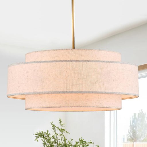 Extraordinary Brushed Gold Drum Chandelier Linen Shade