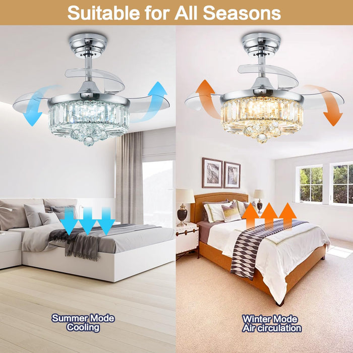 30" Chandelier Ceiling Fan with Light Crystal Modern Fandelier Reversible Ceiling Fan Dimmable Retractable Timer for Bedroom Dining Living Room Silver Chrome
