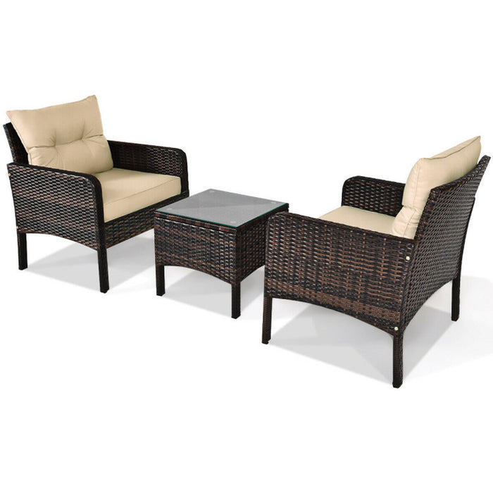 3 Pieces Outdoor Patio Rattan Conversation Set with Seat Cushions