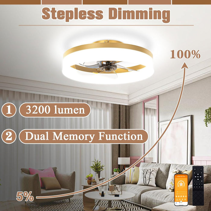 Low Profile Ceiling Fans with Lights and Remote,15.7In Modern Ceiling Fan Flush Mount, 3000K-6500K Dimmable Bladeless LED Fan Light,Gold Fandelier Ceiling Fans with Lights for Bedroom