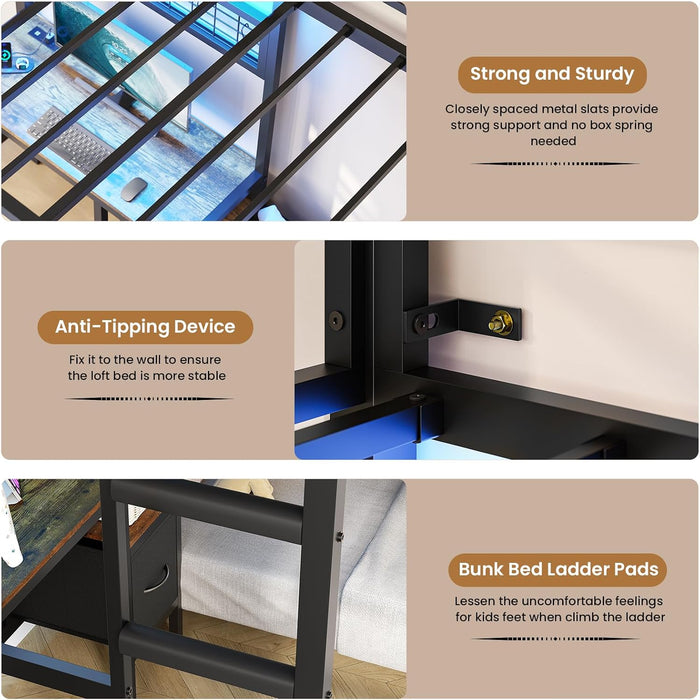 Twin Over Twin Bunk Bed WithDeskIntegrated LEDLighting